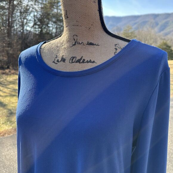 Susan Graver Liquid Knit Top Size L Blue Off White Contrast Cuff Flowy Stretch - Picture 2 of 13